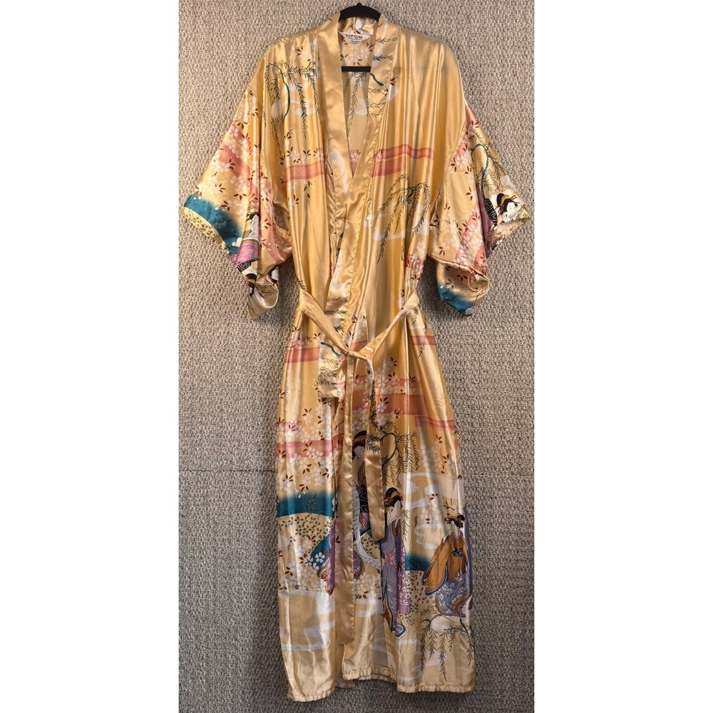 Ichiban Geisha Kimono Robe OS Gold Yellow Satin Floral Maxi Loungewear Belted